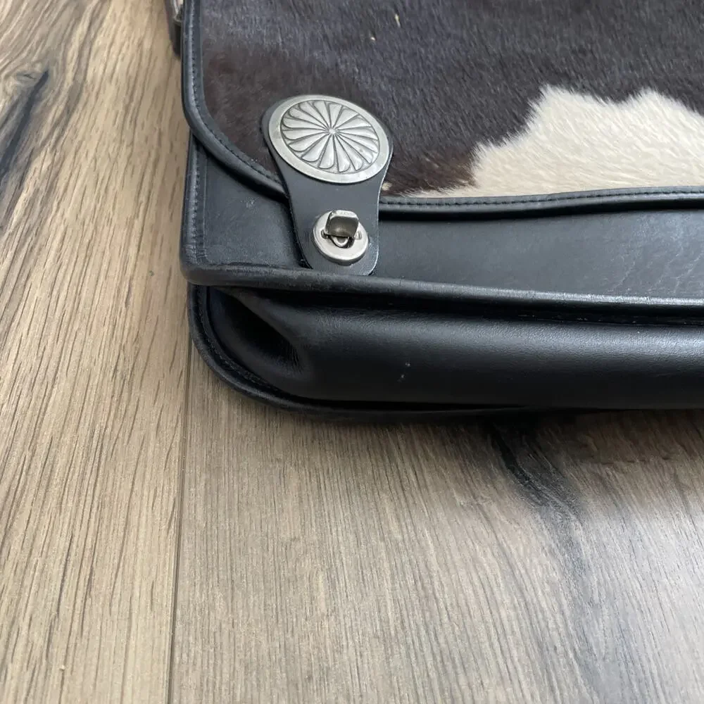 Vintage Leather Crossbody Bag Silver Concho Western Boho Briefcase Calf Hair EUC